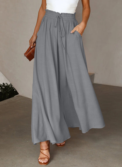 Gray Drawstring Smocked High Waist Wide Leg Pants