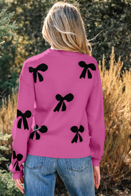 Bright Pink Pearl Embellished Bow Pattern Loose Sweater