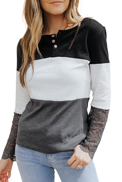 Color Block Ribbed Lace Crochet Sleeves Henley Shirt for Women