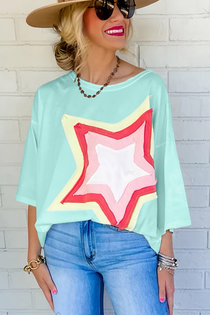 Light Pink Colorblock Star Patched Half Sleeve Oversized Tee