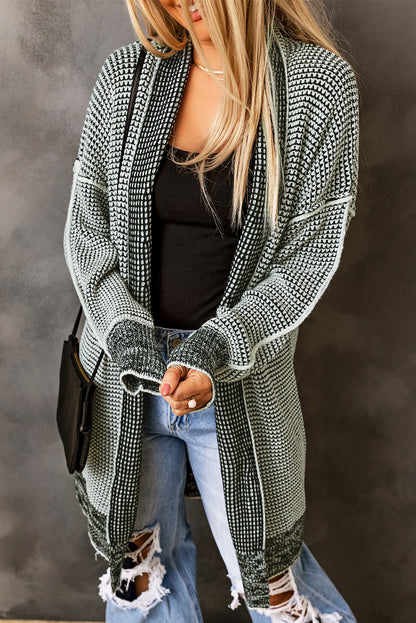 Rose Plaid Contrast Trim Casual Knit Long Cardigan