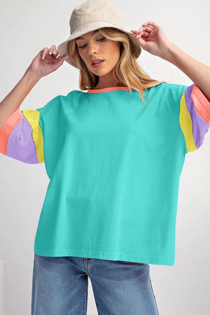 Light Blue Color Block Sleeve Round Neck Oversize Top