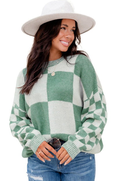 Mint Green Plaid Knitted Drop Shoulder Sweater