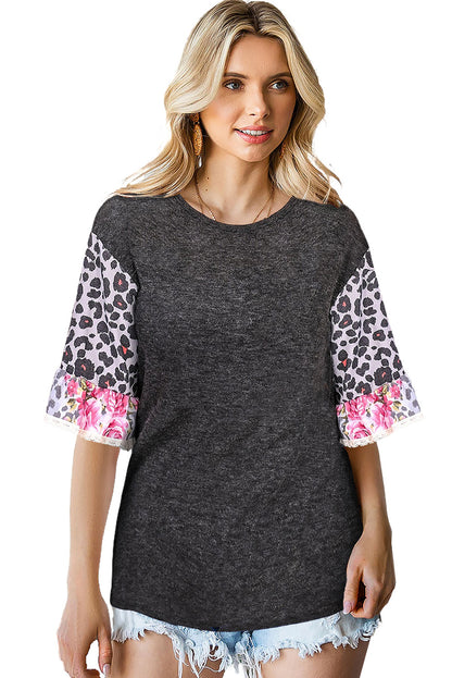 Black Ruffle Leopard Patchwork Sleeves Casual Summer Top