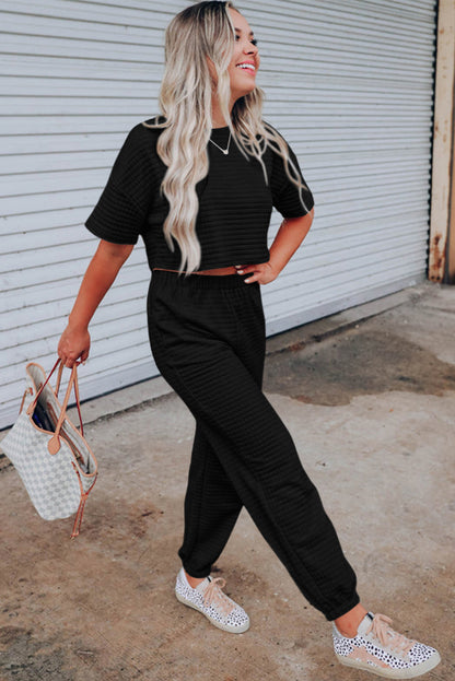 Rose Red Textured Cropped Tee and Jogger Pants Set