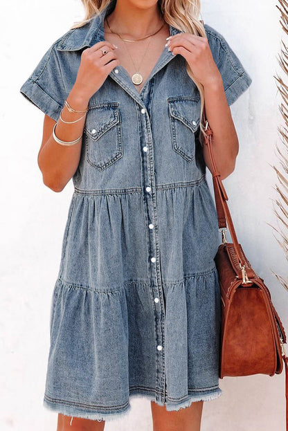 Gray Button Up Short Sleeve Denim Shirt Dress