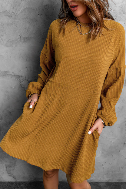 Orange Casual Round Neck Ribbed Knit Short Dress