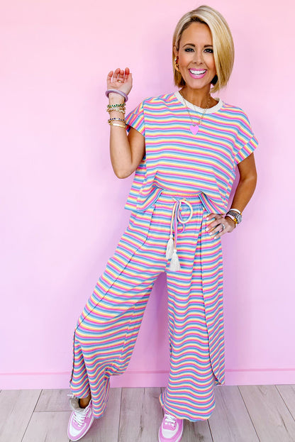 Pink Stripe Rainbow Tee and Tassel Drawstring Wide Leg Pants Set