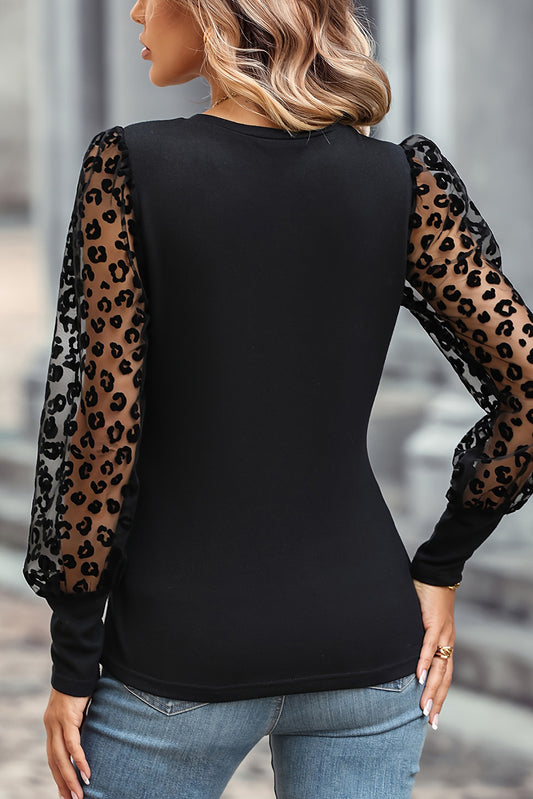 Black Casual Leopard Transparent Peasant Sleeve Shirt