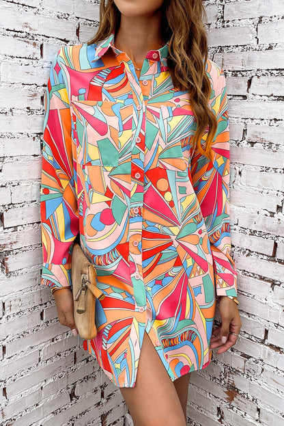 Multicolor Geometric Abstract Print Long Sleeve Shirt Dress