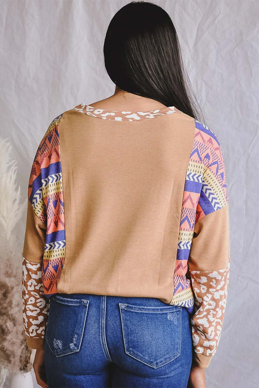 Multicolor Casual Geometric and Leopard Print Long Sleeve Top