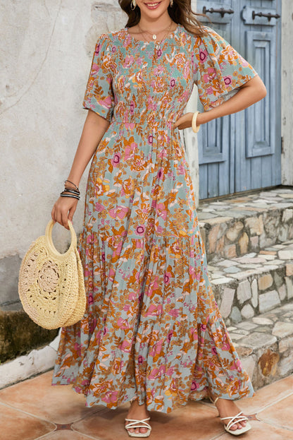 Boho Wide Sleeve Smocked Waist Floral Dress