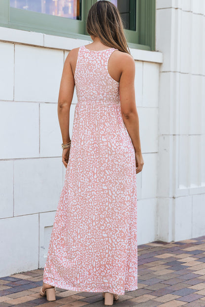 Sleeveless Floor Length Leopard Print Dress with Pockets