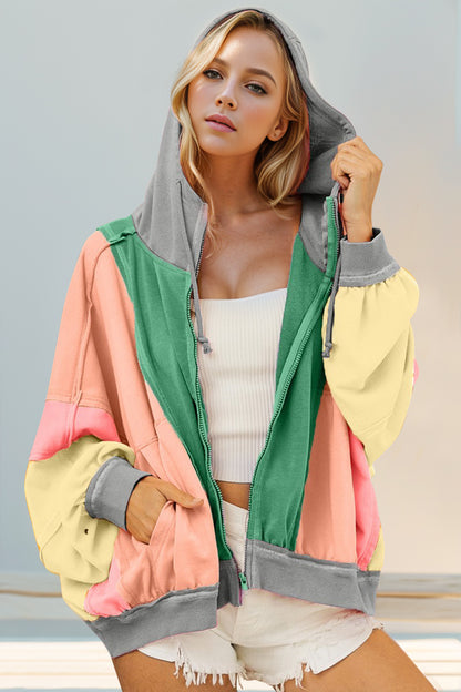 Double Take Full Size Color Block Zip Up Hoodie