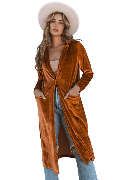 Brown Casual Velvet Lapel Pocket Long Coat