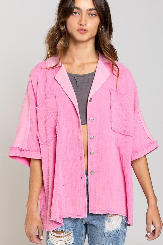 Pink POL Shacket/Button Up top