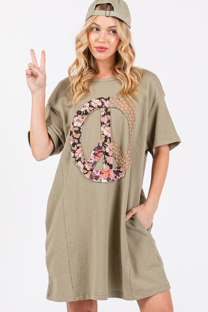 SAGE + FIG Full Size Peace Sign Applique Short Sleeve Tee Dress