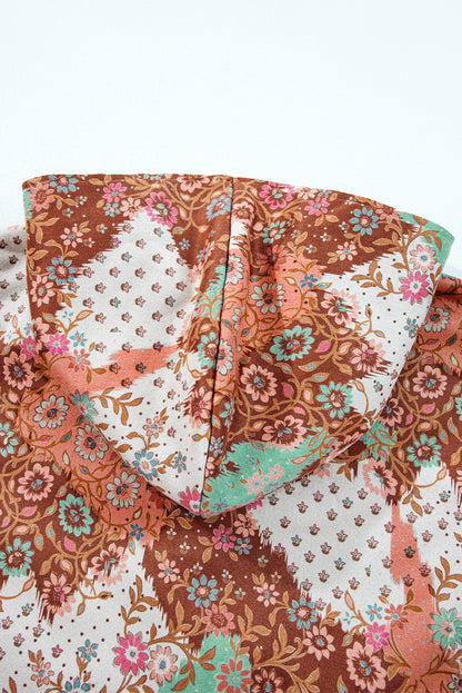 Khaki Vintage Paisley Floral Printed Sherpa Lined Hooded Jacket