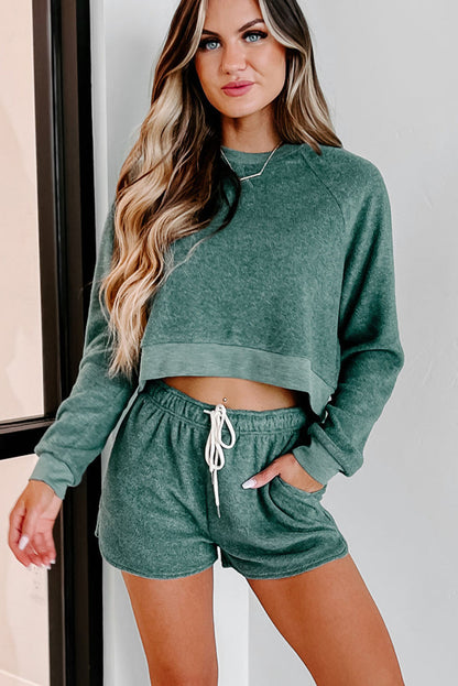 Green Fleece Cropped Pullover & Shorts Two Piece Shorts Set