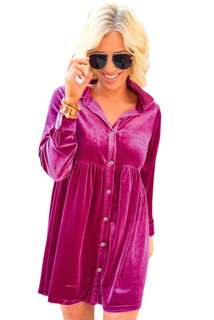 Red Long Sleeve Ruffle Velvet Button Up Shirt Dress