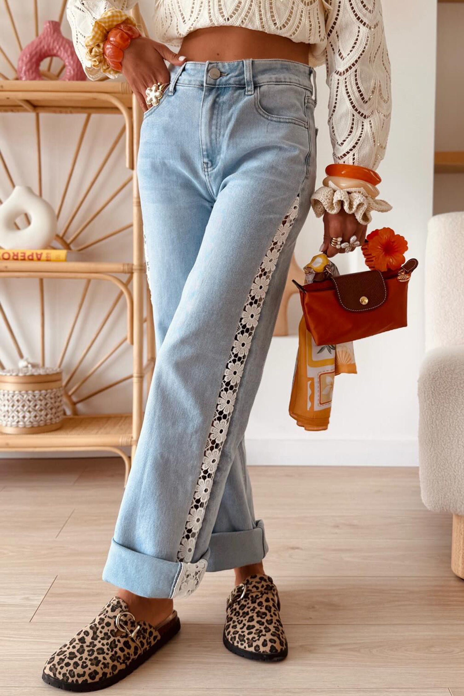 Beau Blue Hollowed Lace Patchwork Full-Length Jeans