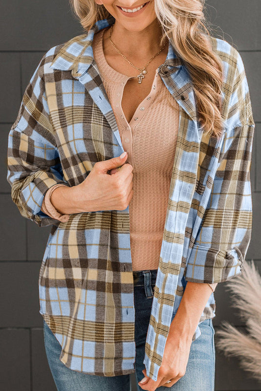 Pink Drop Shoulder Rounded Hem Plaid Pattern Shirt