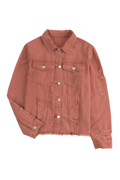 Red Distressed Raw Hem Pocket Buttons Denim Jacket