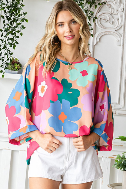 Pink Boho Floral Print Bell Sleeve Blouse