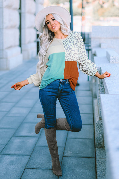 Cheetah Print Color Block Casual Pullover Long Sleeve Top