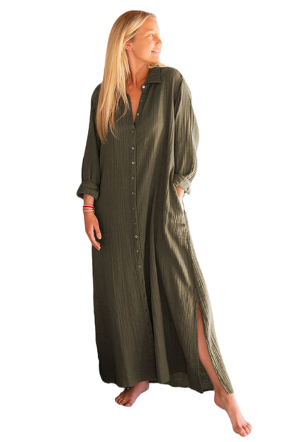 Green Crinkled Pocketed Side Slits Loose Maxi Dress