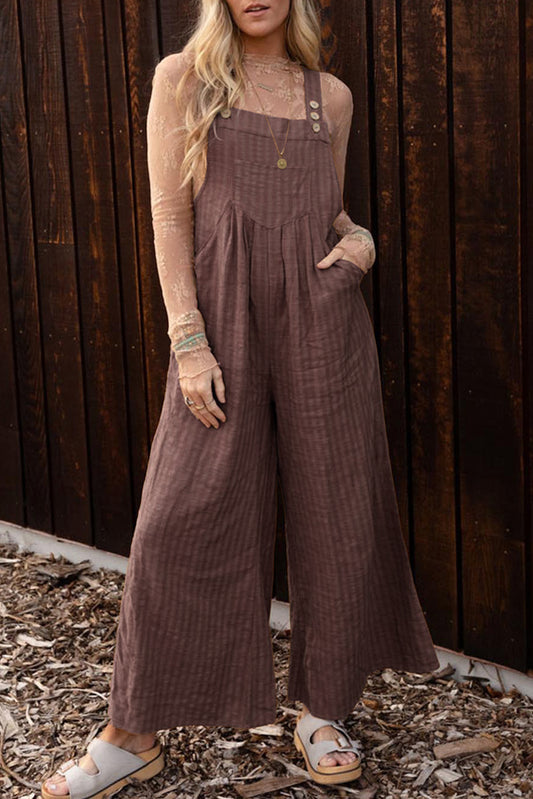 Brown Striped Pleated Pockets Wide Leg Jumpsuit