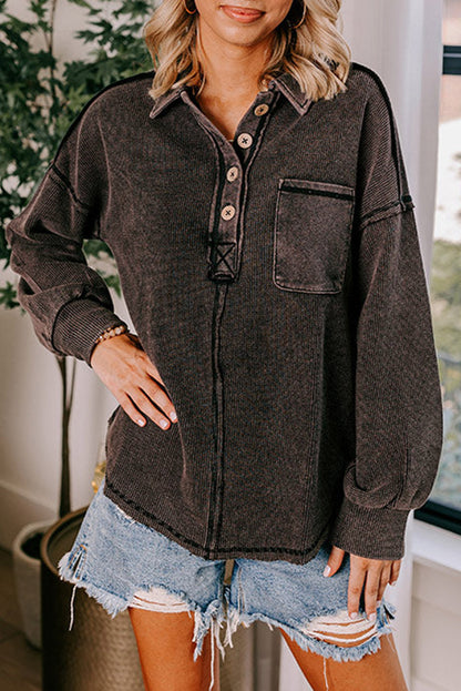 Black Dark Pink Waffle Exposed Seam Washed Henley Sweatshirt