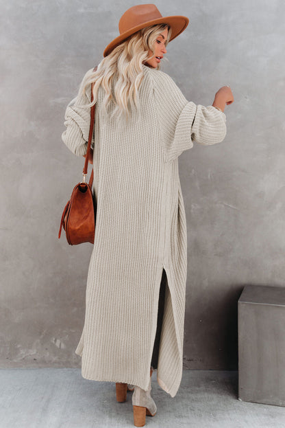 Beige Cable Knit Side Slits Open Front Duster Cardigan