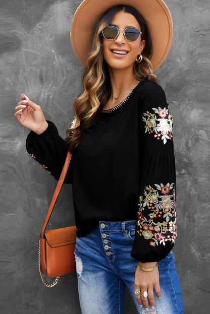 Black Flower Embroidered Jewel Neckline Long Sleeve Shirt