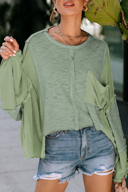 Green Splicing Long Sleeve Pocketed Oversized Top