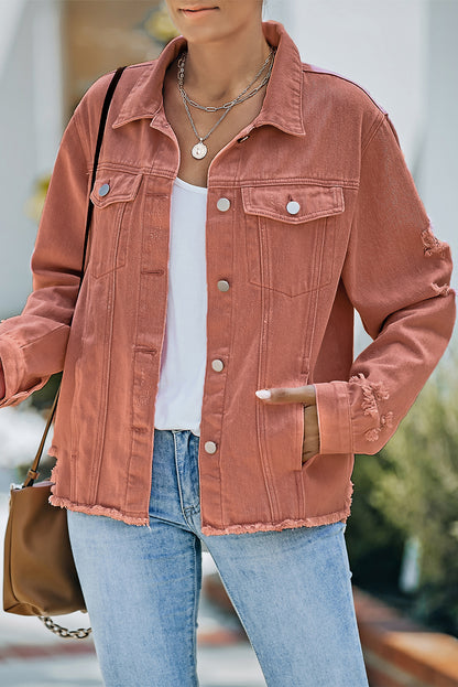 Red Distressed Raw Hem Pocket Buttons Denim Jacket