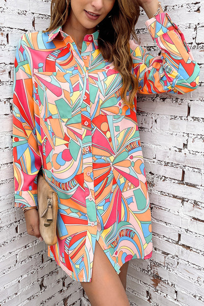 Multicolor Geometric Abstract Print Long Sleeve Shirt Dress