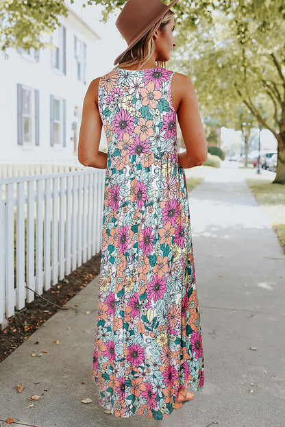 Multicolor Floral Printed Round Neck Sleeveless Maxi Dress