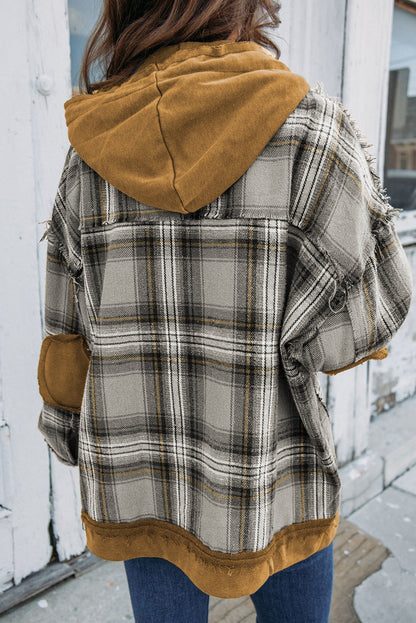 Orange Plaid Patchwork Frayed Trim Snap Button Hooded Jacket