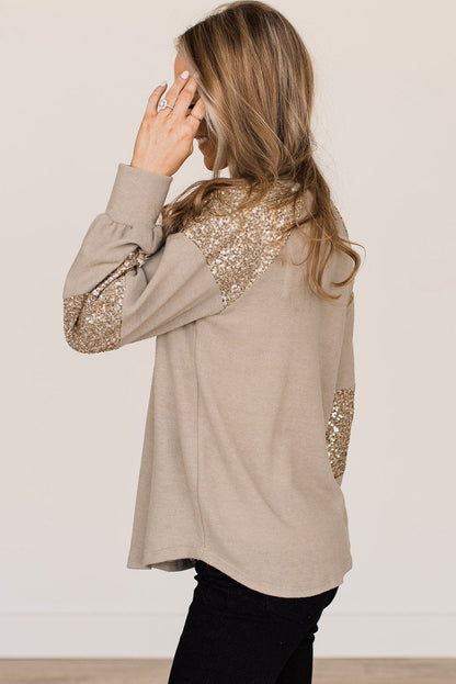 Flaxen Sequin Patched Round Neck Long Sleeve Top