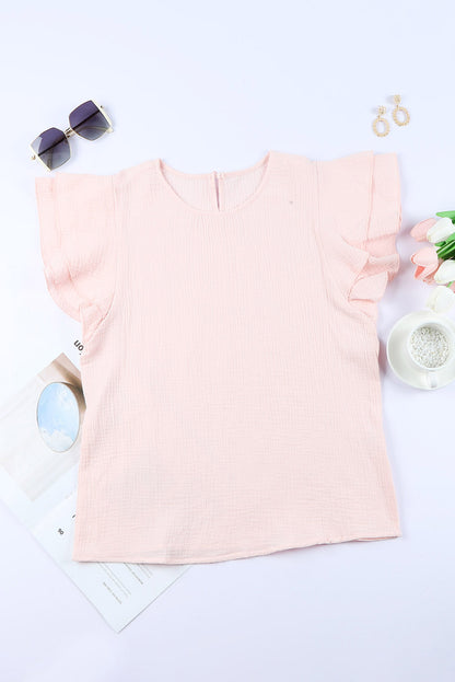 Rosy Crinkled Ruffle Casual Short Sleeve Blouse