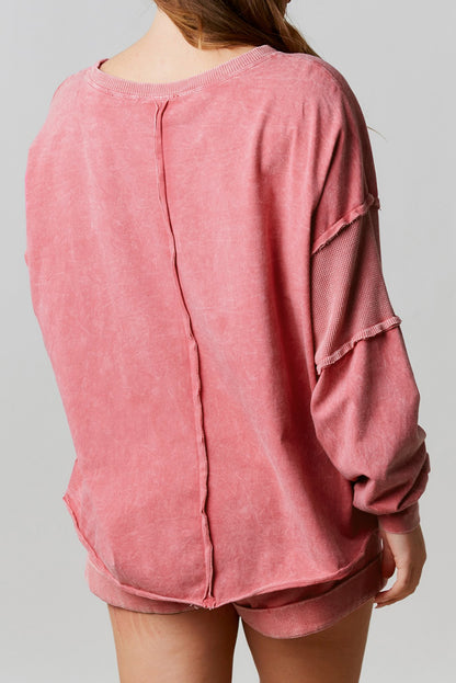 Rose Lighted Washed Waffle Knit Patchwork Sweatshirt