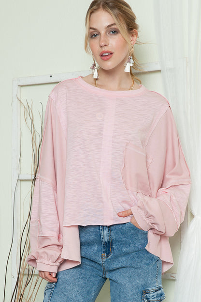 Green Splicing Long Sleeve Pocketed Oversized Top