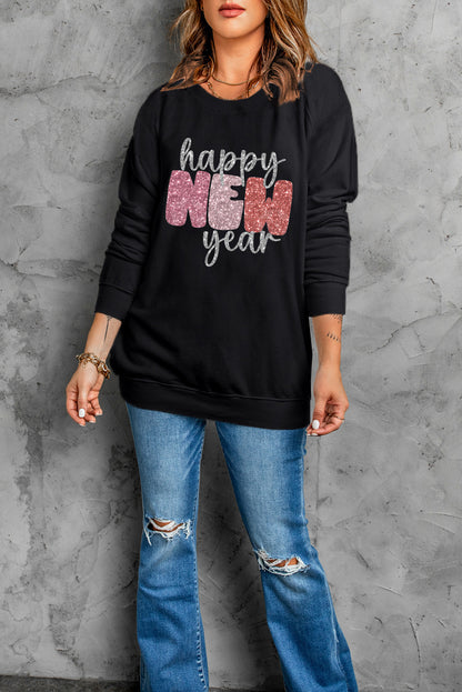 Black Sequin Happy New Year Graphic Sweatshirt