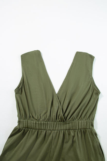 Jungle Green Deep V Pocketed Pleated Wide Leg Jumpsuit