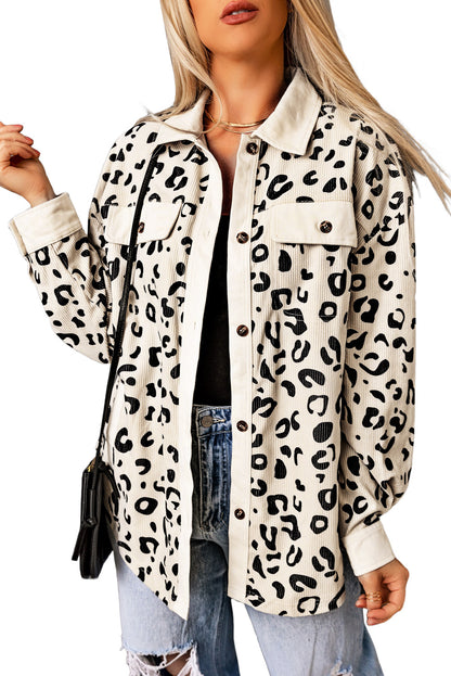 Pink Leopard Collared Neckline Flap Pockets Corduroy Jacket