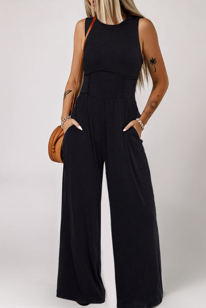 Medium Grey Sleeveless High Waist Wide Leg Jumpsuit