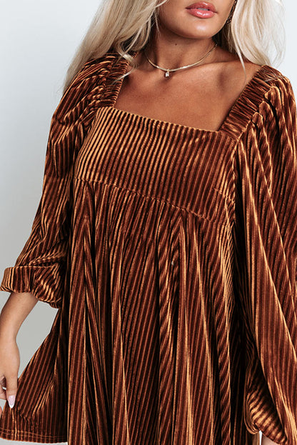 Brown Square Neck Tie Back Ribbed Velvet Babydoll Dress