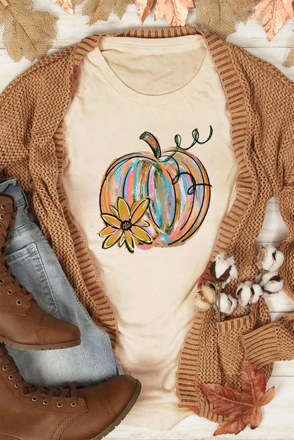 Khaki Casual Pumpkin with Flower Graphic T Shirt