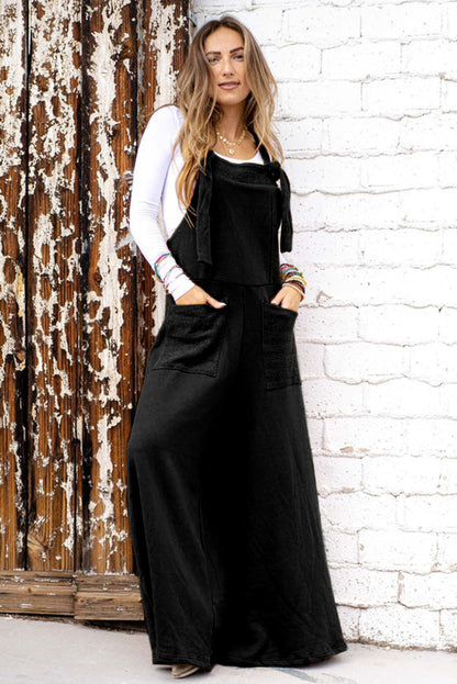 Brown Patch Pocket Knot Strap Wide Leg Overall